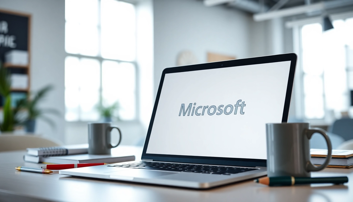 Microsoft-Logo auf Laptop, umgeben von Notizen und Zubehör in einem modernen Büroraum.