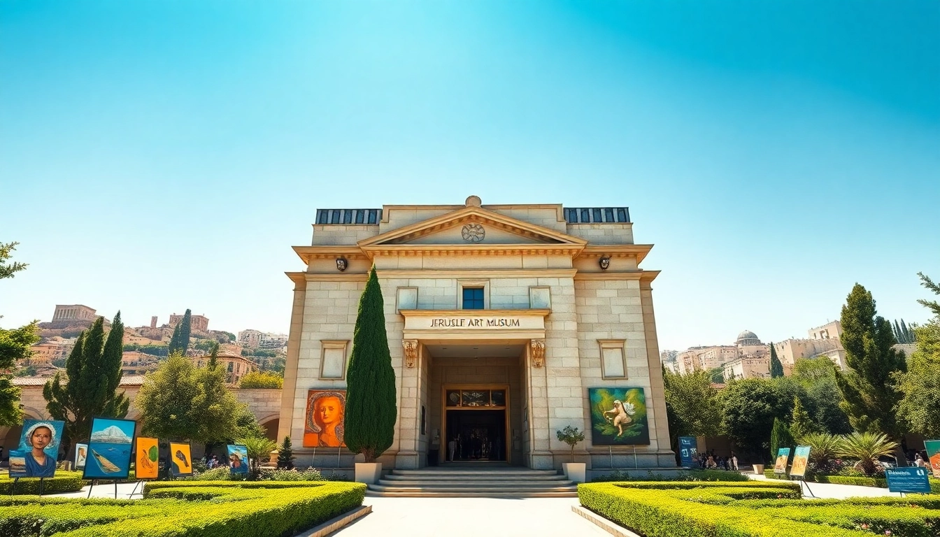 Visitors admiring art at the Jerusalem Art Museum's captivating entrance and gardens.