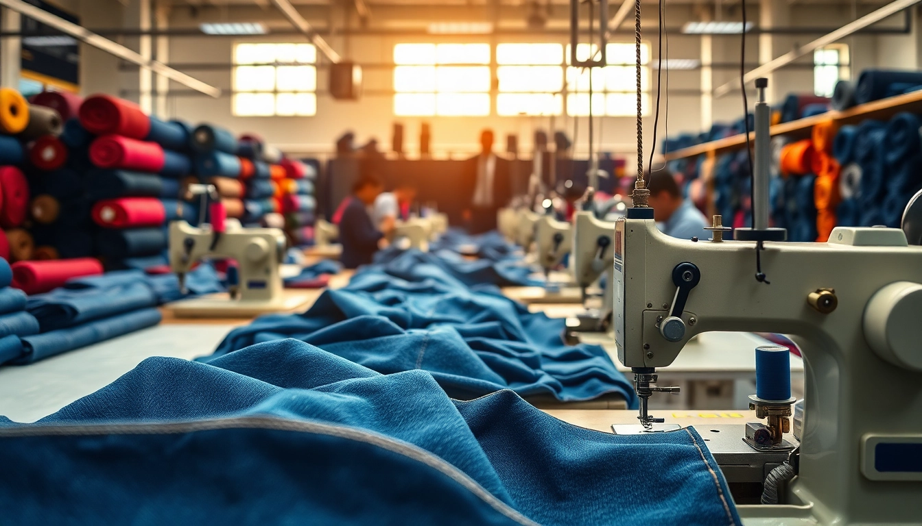 Jeans manufacturers showcasing skilled craftsmanship in a denim production facility, highlighting intricate sewing.