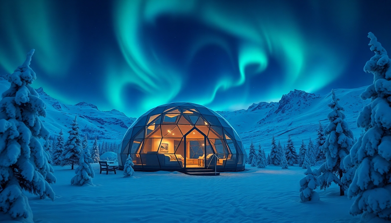 Luxurious igloo hotel glowing under northern lights in a snowy landscape