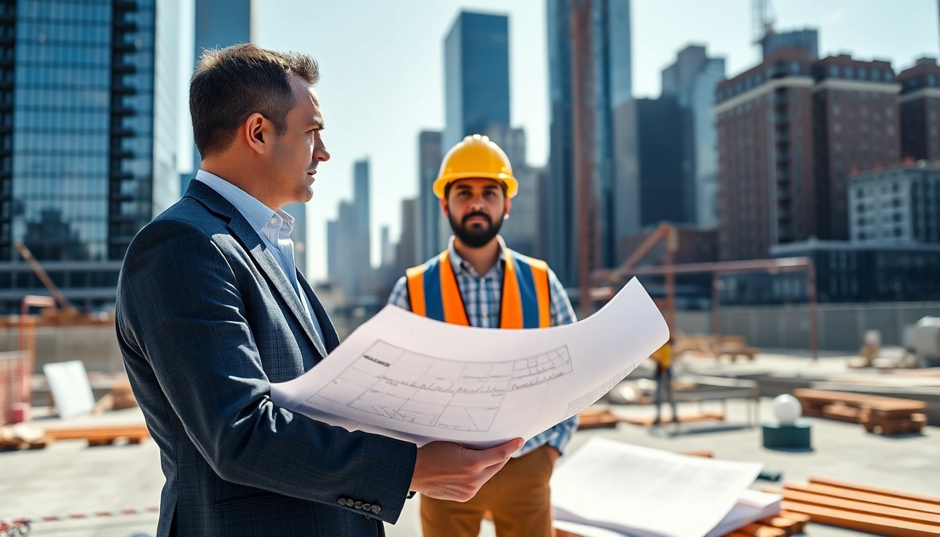 New York Construction Manager directing a thriving project site in Manhattan with blueprints and colleagues.