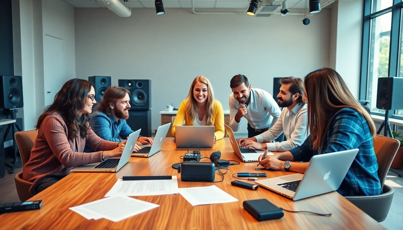 Enhance visibility and reach with Music PR Firms as a professional team collaborates on strategies.