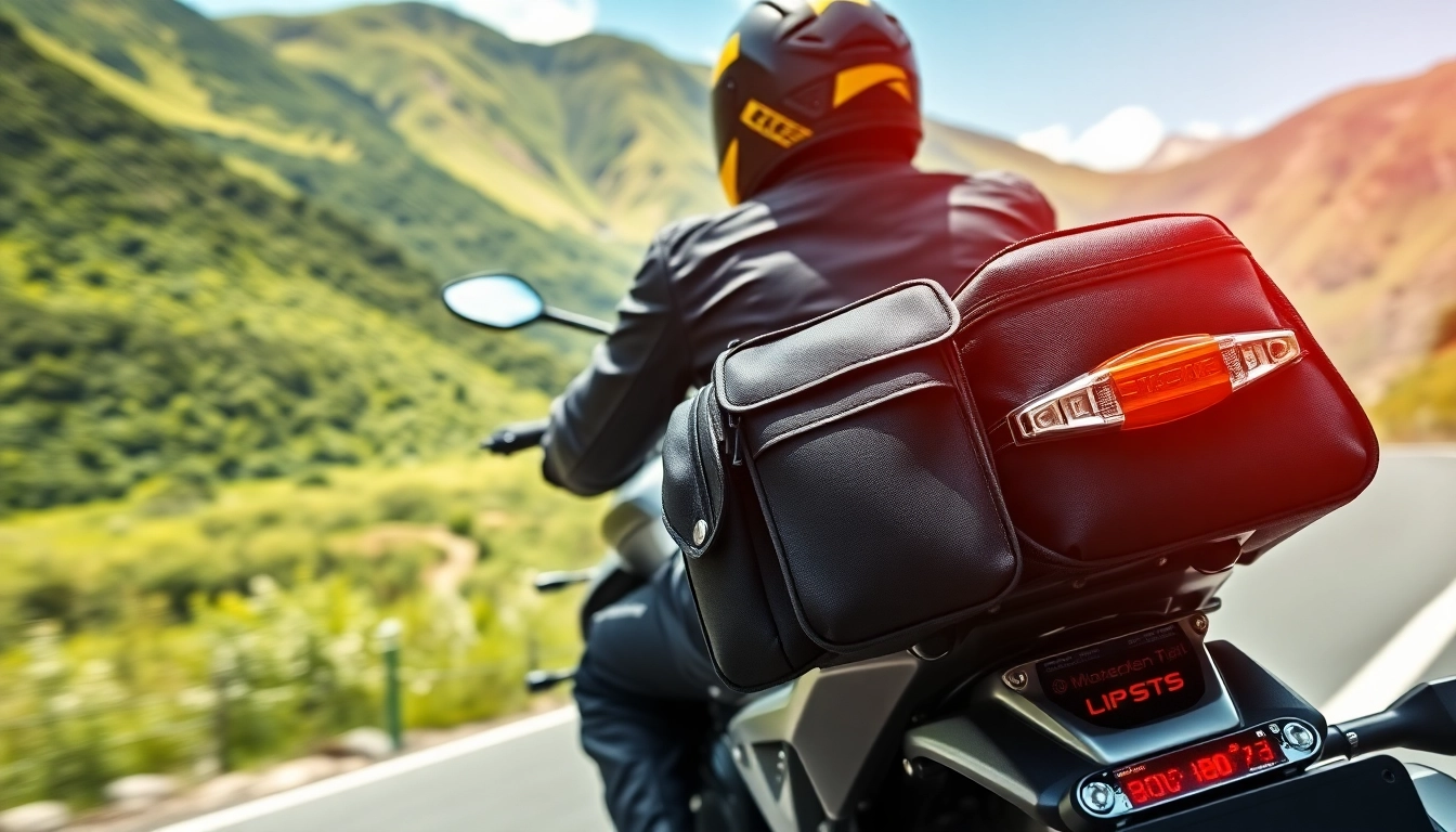 Motorcycle tank bag with map pocket showcased during an exciting ride on a scenic mountain road.