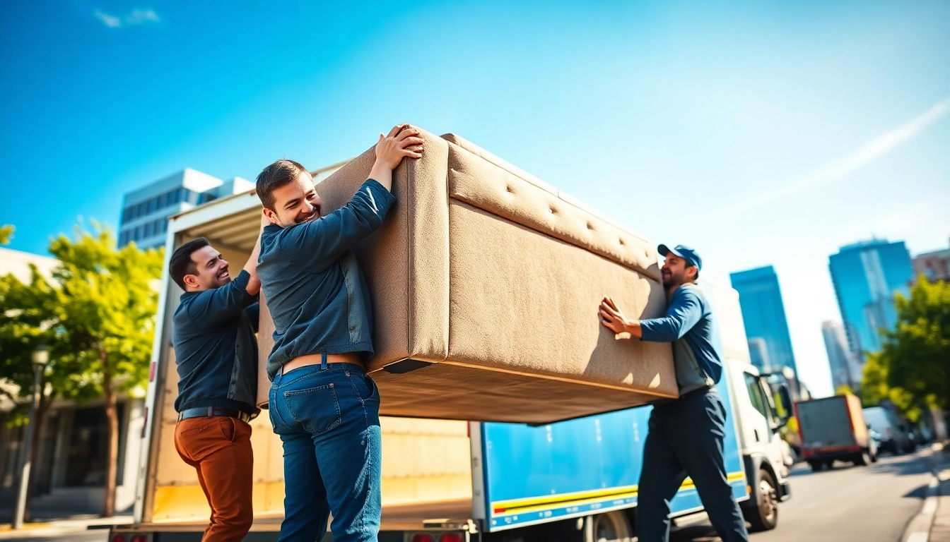 Movers Calgary expertly transporting furniture with a cheerful team in a vibrant urban setting.
