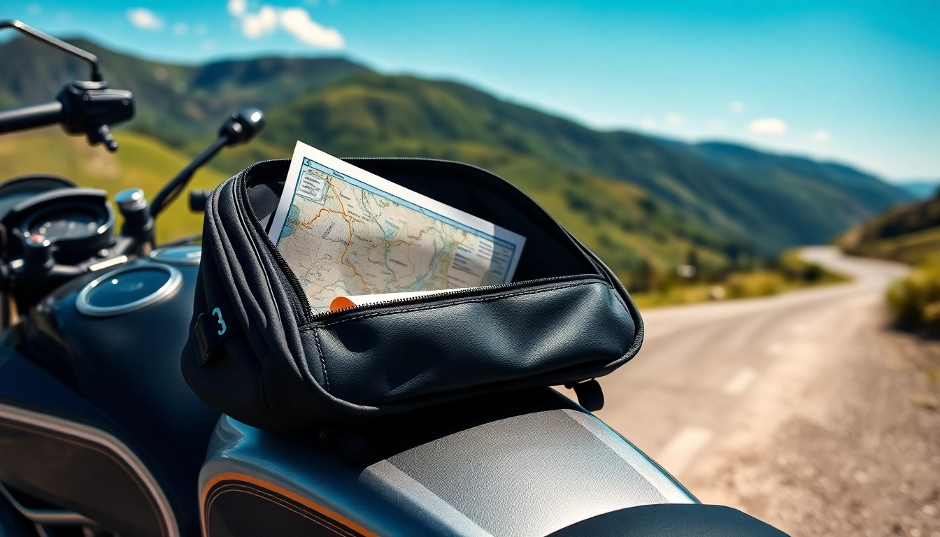 Showcasing a motorcycle tank bag with map pocket on a motorcycle against a scenic backdrop of mountains.