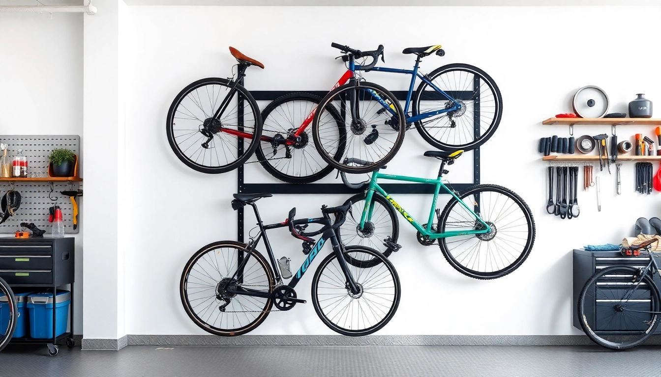 Utilize the bike wall rack efficiently in a well-organized garage space.