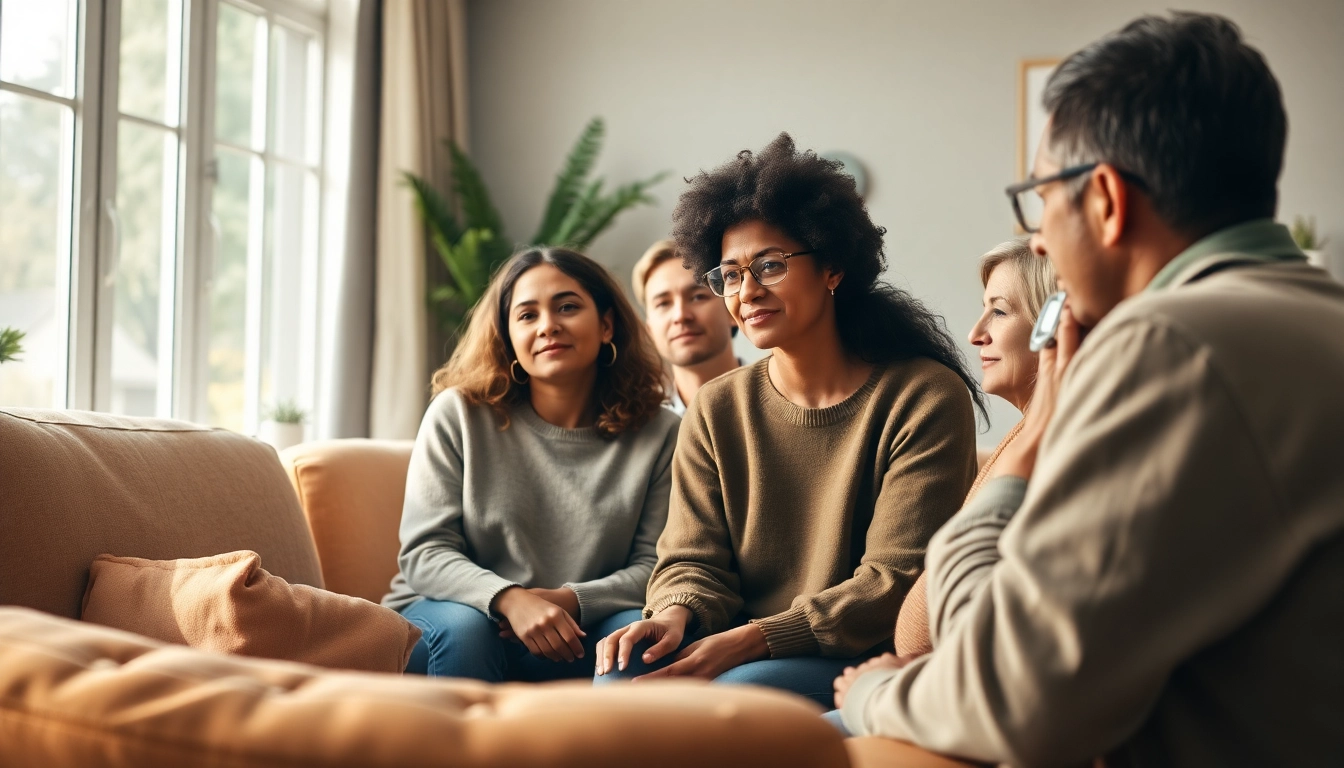 Support group for dealing with grief, featuring individuals sharing experiences in a warm setting.