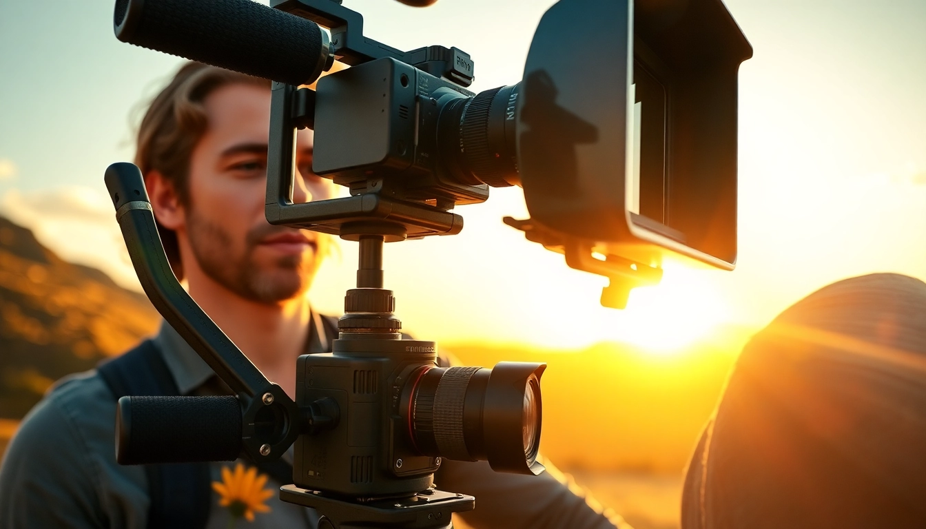 Capturing smooth footage with a Camera Stabilizer in a picturesque outdoor setting.