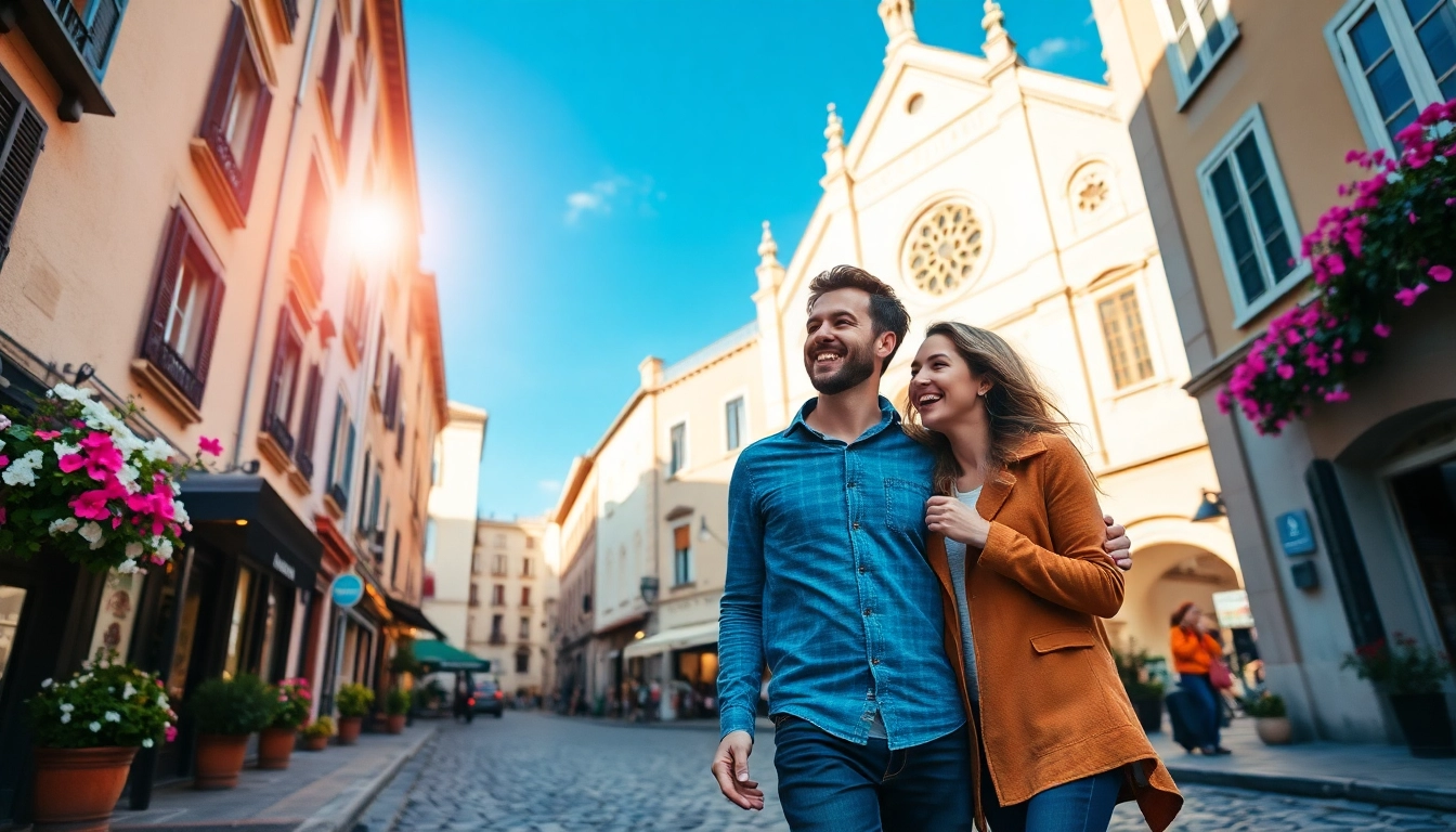 Explore diverse europe tour packages with joyful travelers in a charming European cityscape.