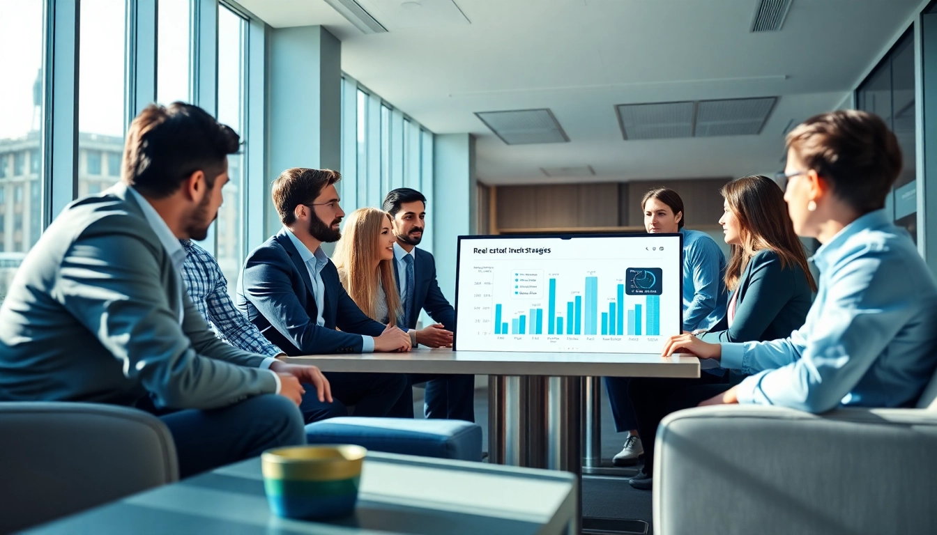 Dynamic discussion among a real estate investment group in a modern office.