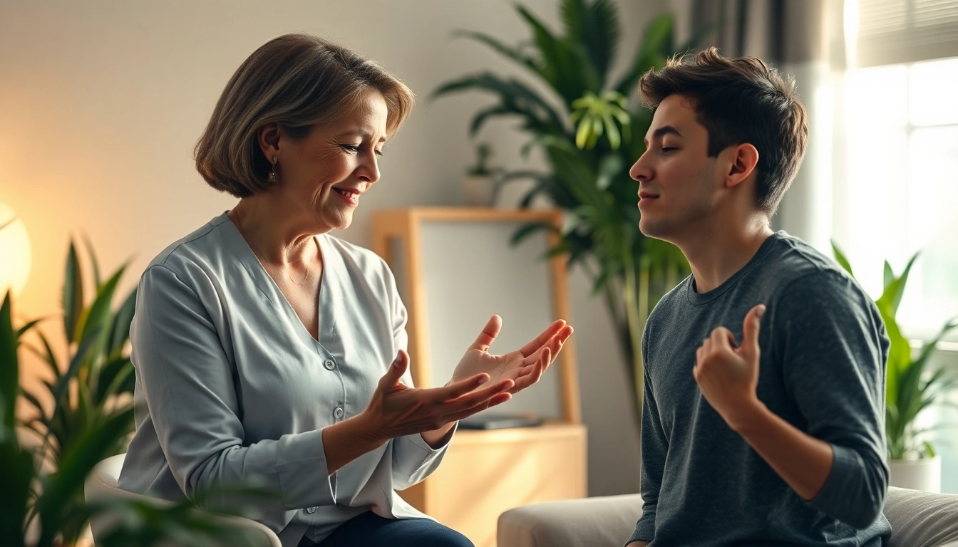 Therapist demonstrating relaxation techniques for dealing with anxiety in a tranquil office setting.