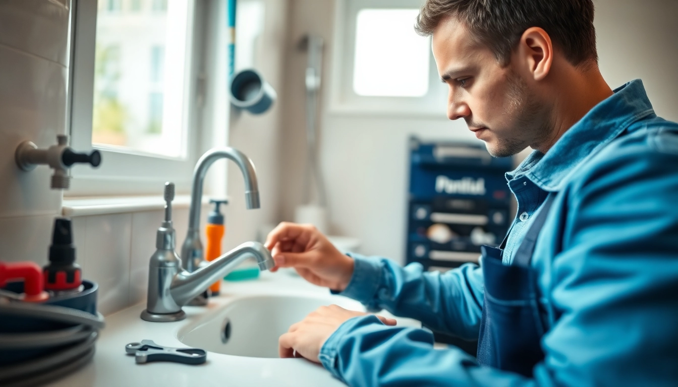 Skilled plumber near me expertly repairing a sink in a bright bathroom.
