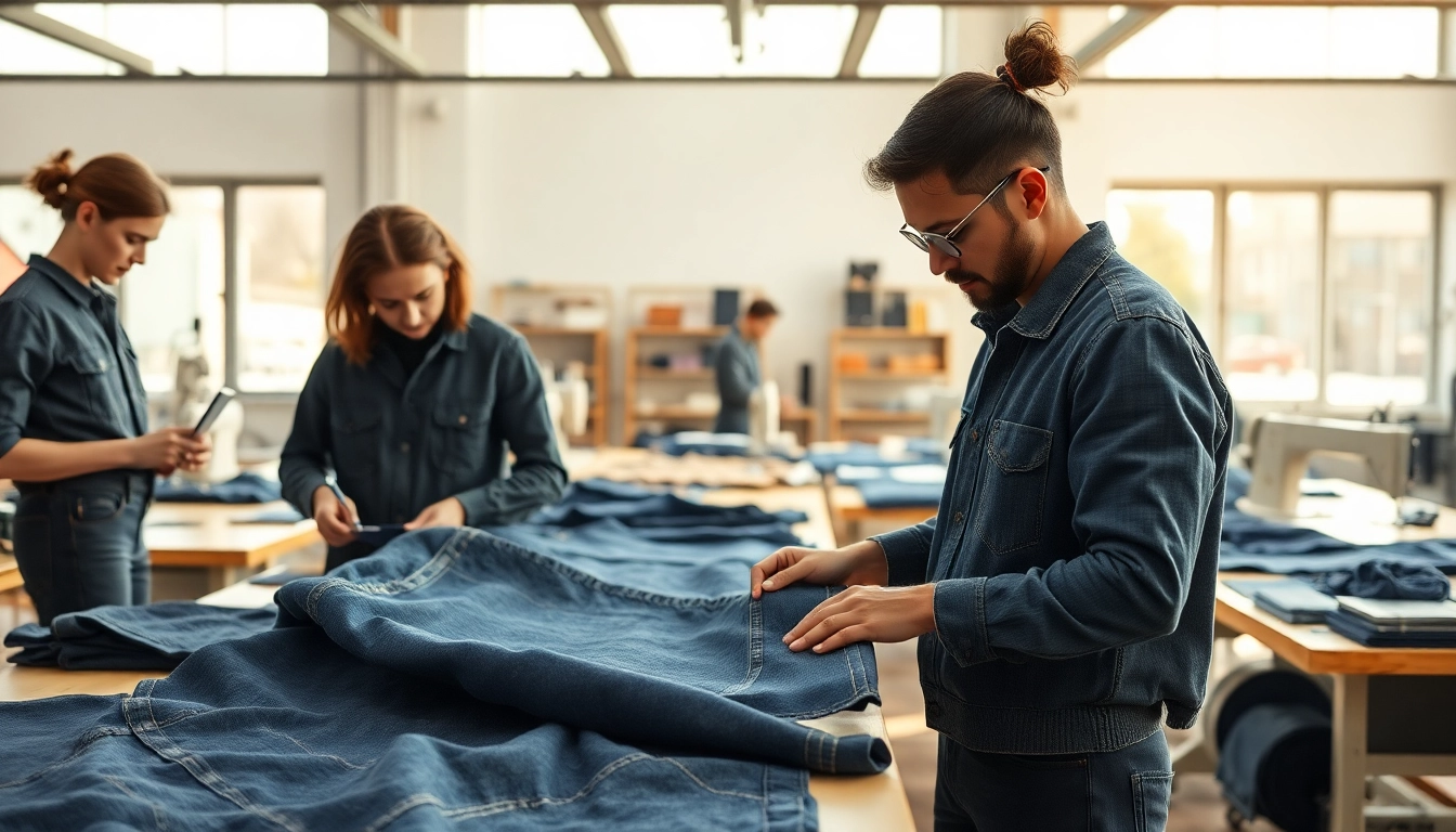 View of jeans manufacturers crafting high-quality denim in a bright, modern studio environment.