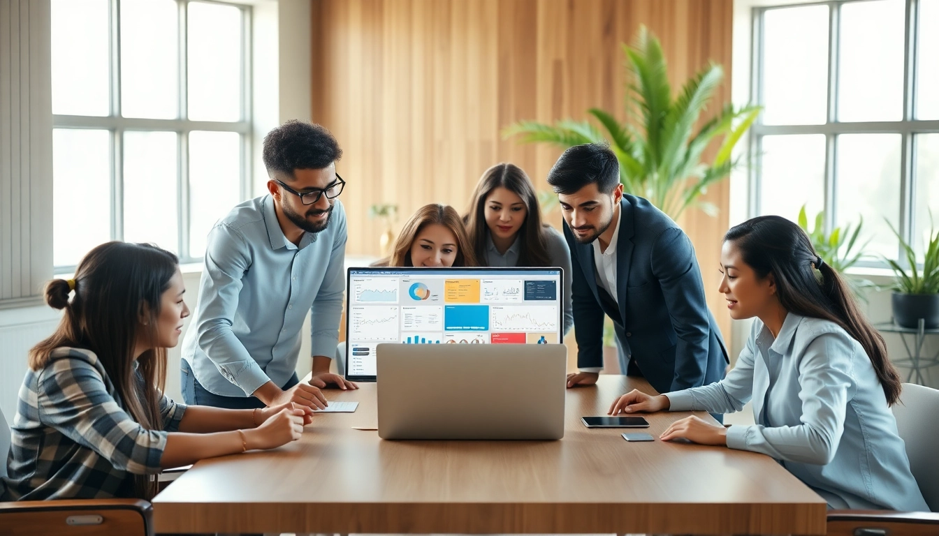 Collaborative team using an all in one business software in a professional workspace