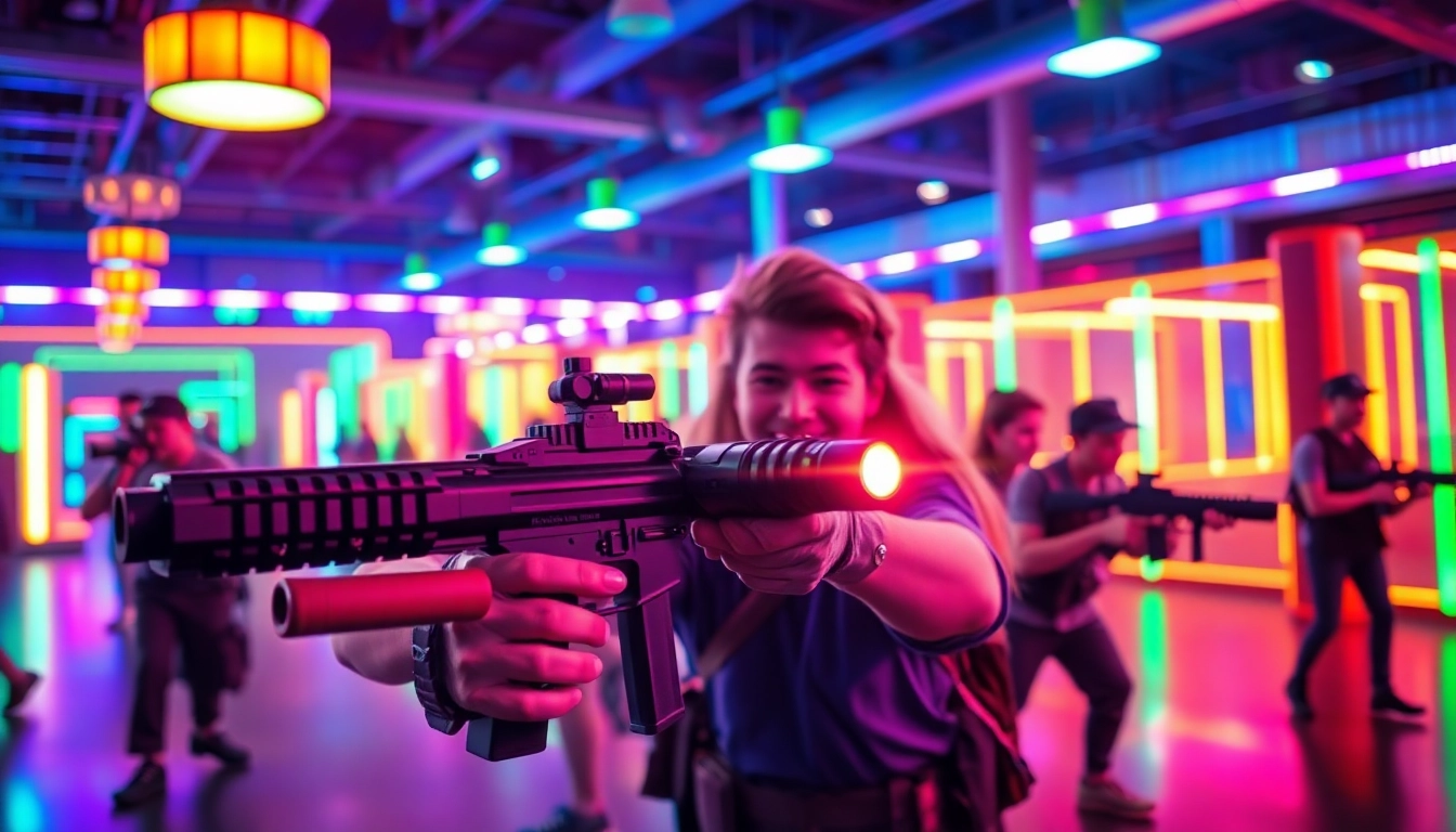 Engaged players enjoying a fast-paced laser tag game in a colorful arena, showcasing excitement.