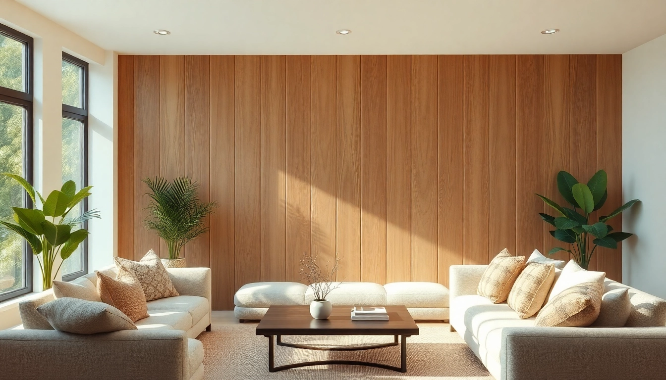 Enhance your space with the wood veneer hub's elegant wood wall paneling in a cozy living room.