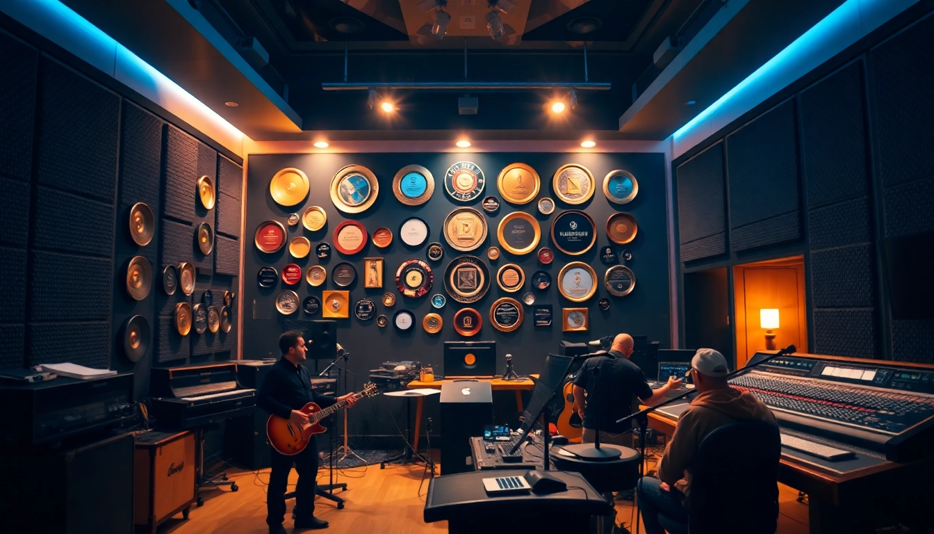 Showcase the dynamic vibe of a music PR company collaborating in a vibrant studio space.