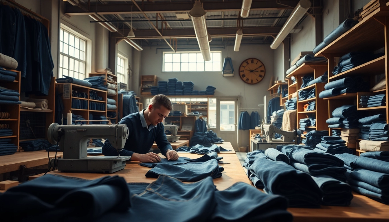 Artisan at work in jeans manufacturers workshop creating high-quality denim.