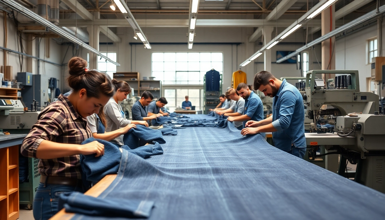 Artisans work with denim fabric at jeans manufacturers in a modern workshop.