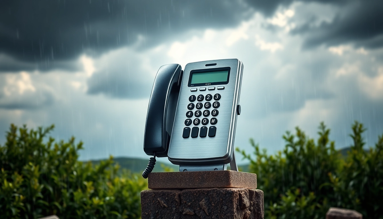 View of the durable AL Weatherproof Aluminum Alloy Telephone on an outdoor pedestal in a stormy environment.