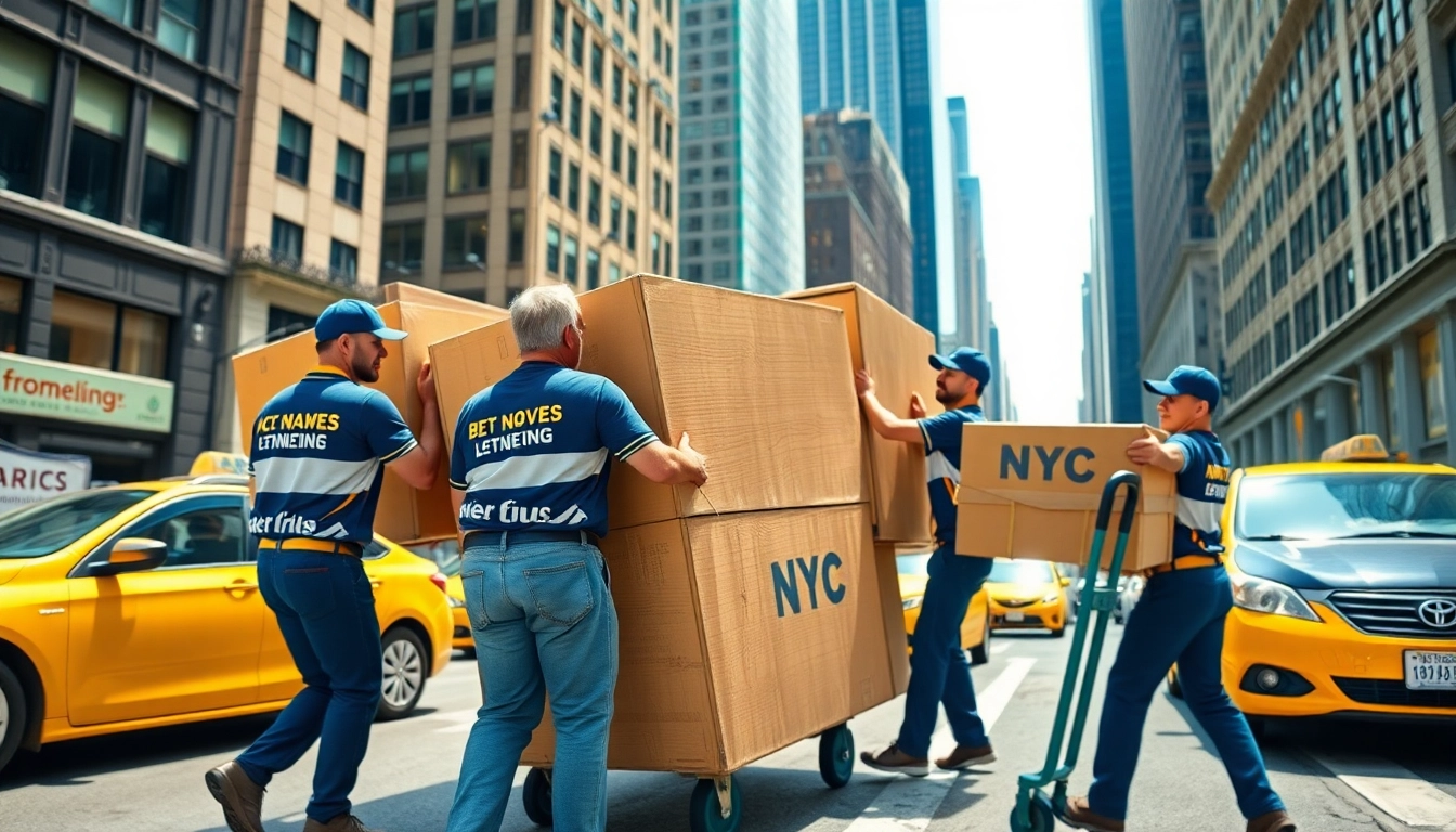 NYC movers professionally transporting furniture in a busy city environment.