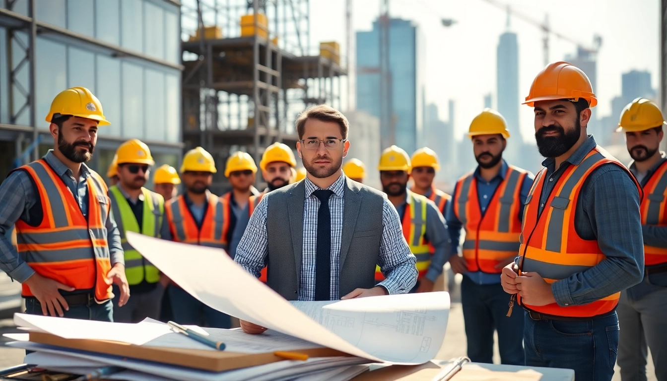 New York Construction Manager overseeing a busy urban construction site with blueprints and tools.