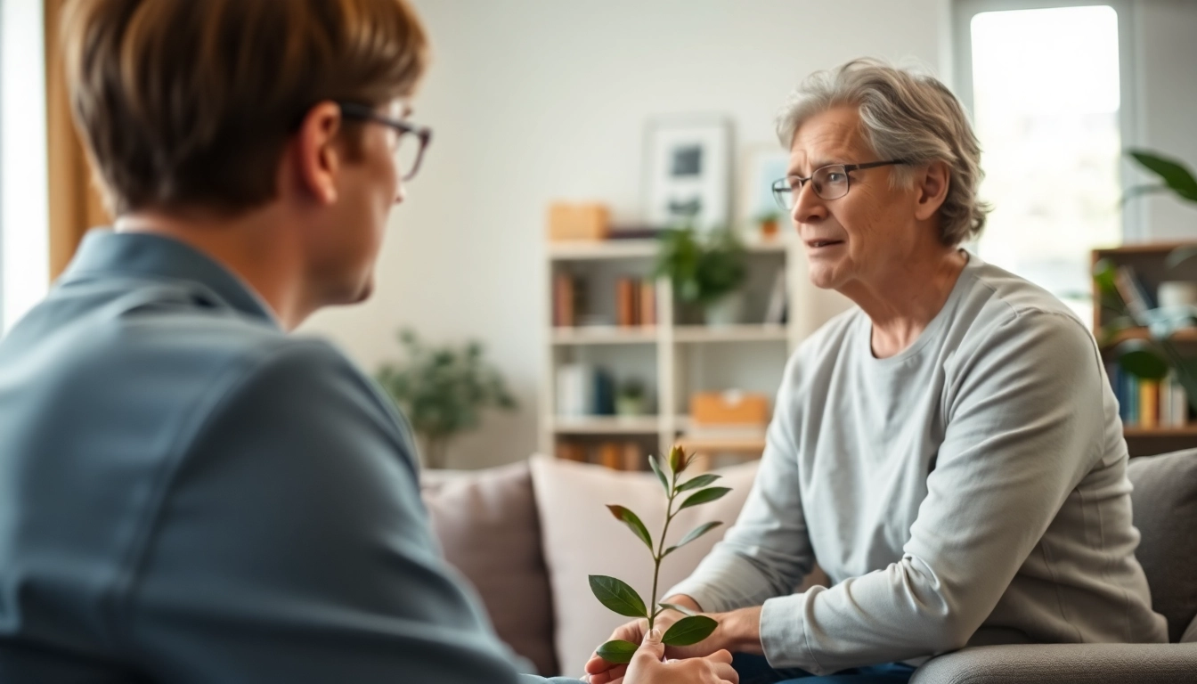 Engaging psychiatrist discussing mental health solutions with a patient in a relaxing office.