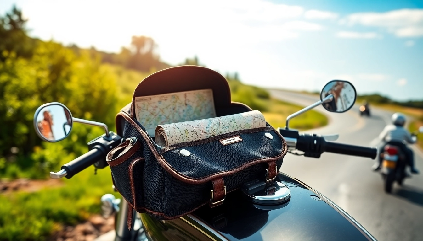 Showcasing a motorcycle tank bag with map pocket, highlighting adventure and durability.