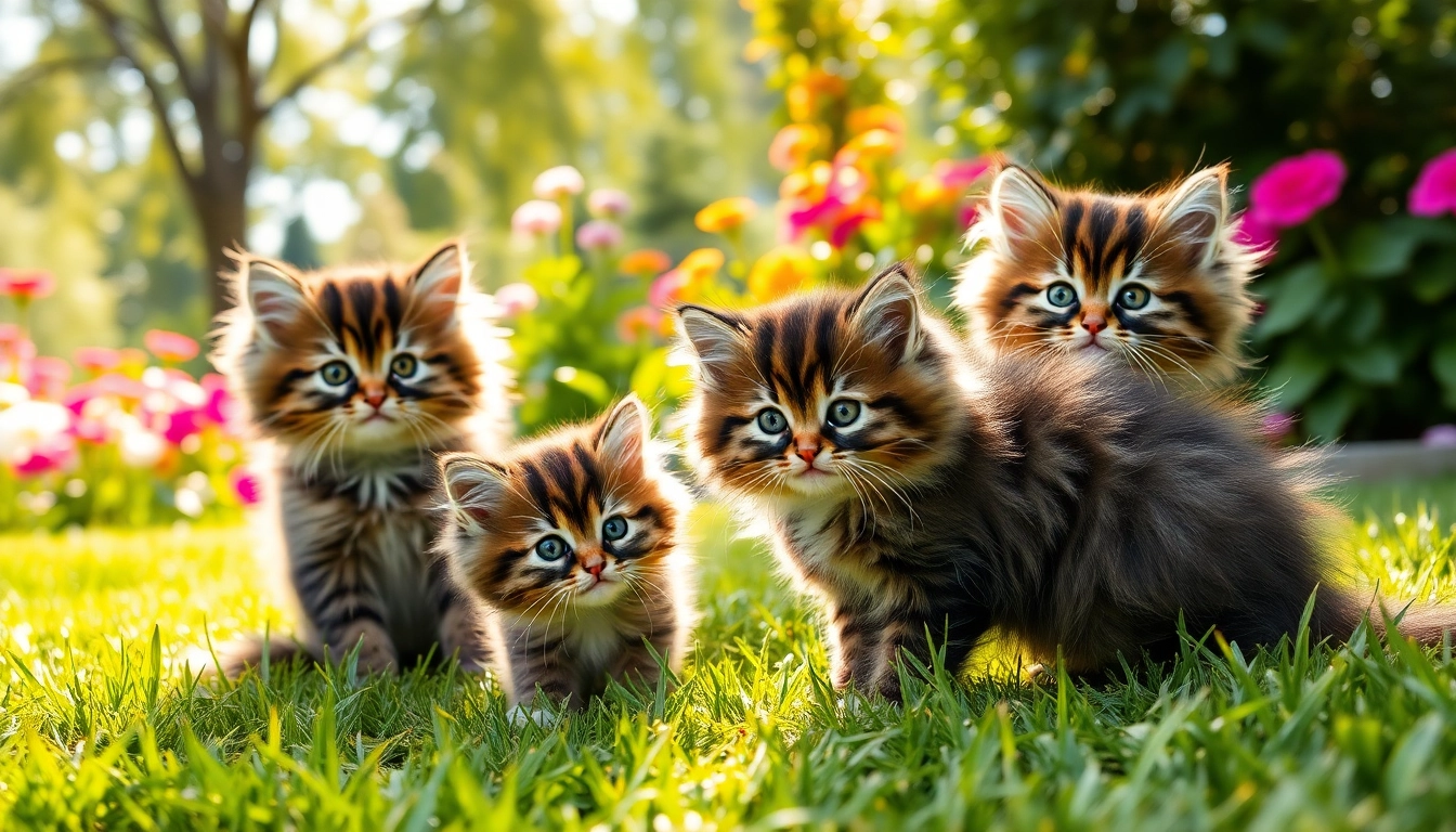 Find Maine Coon cats for sale near me, showcasing playful kittens in a sunny garden.