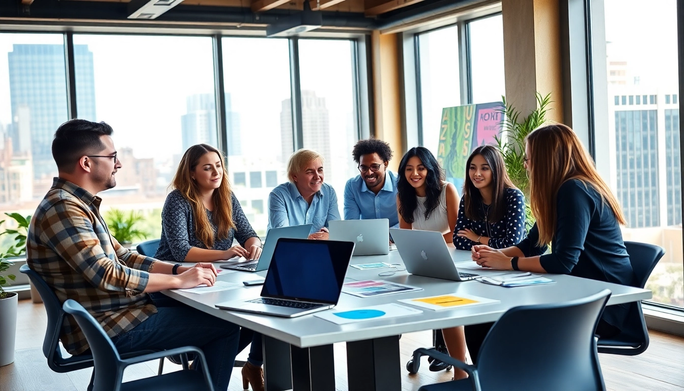 Team brainstorming in a modern workspace for a music PR company, showcasing collaboration and creativity.