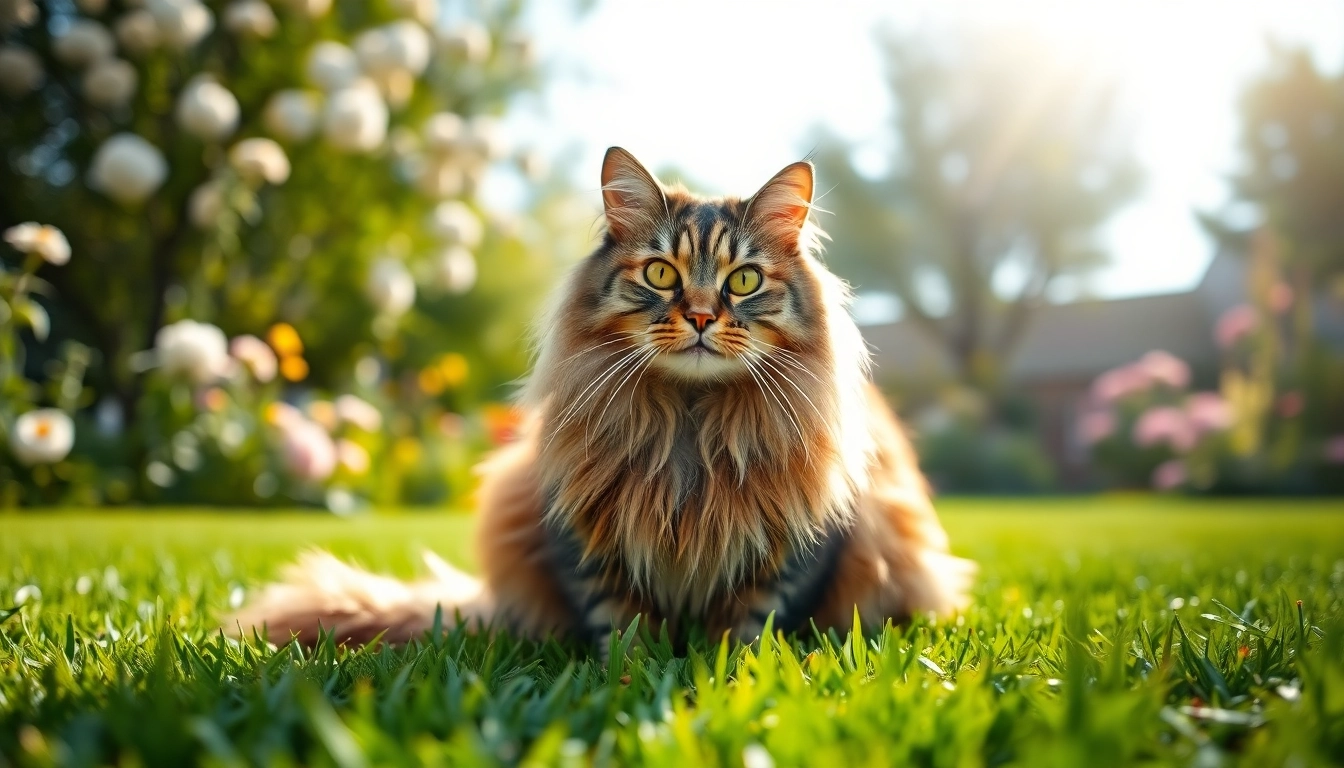 Discover Maine Coon cats for sale near me, showcasing a beautiful Maine Coon in a sunny garden.