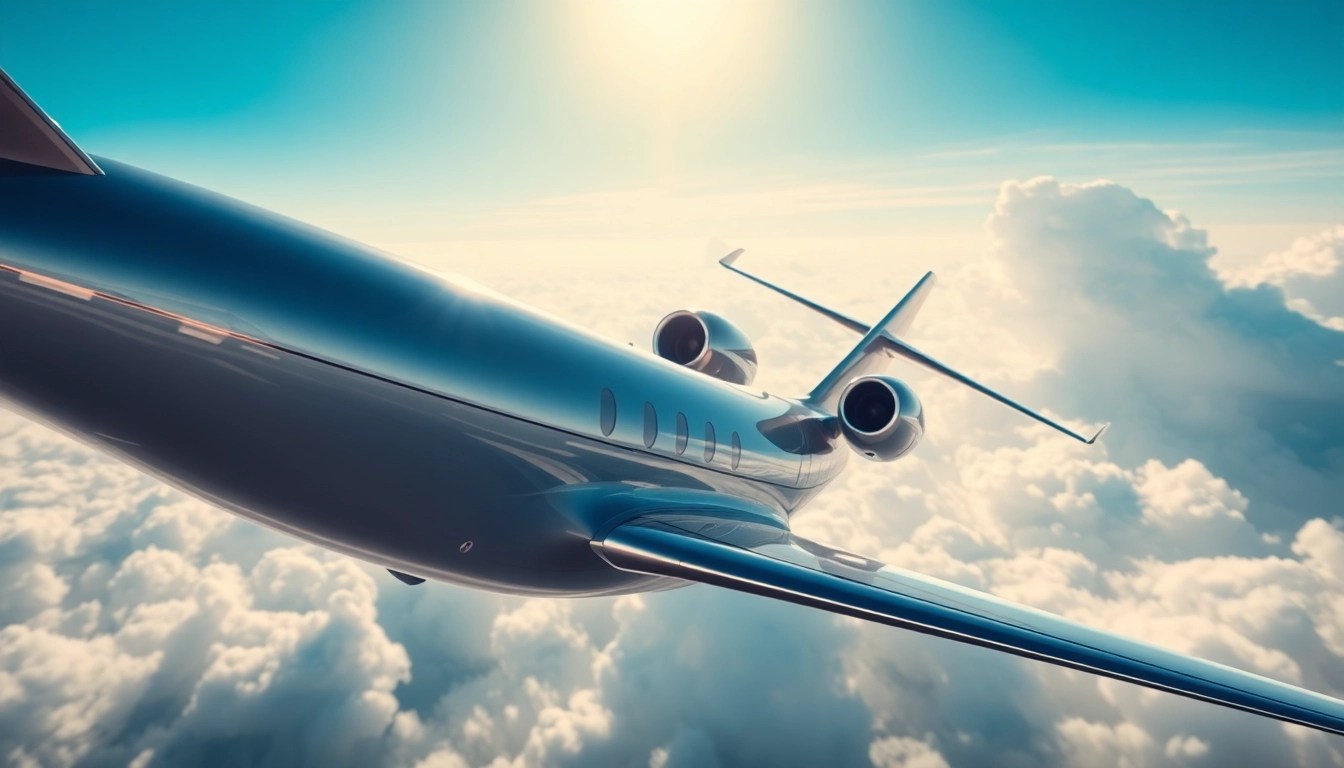 Experience Luxury Private Jets for Rent offering a sleek aircraft soaring through a beautiful blue sky.