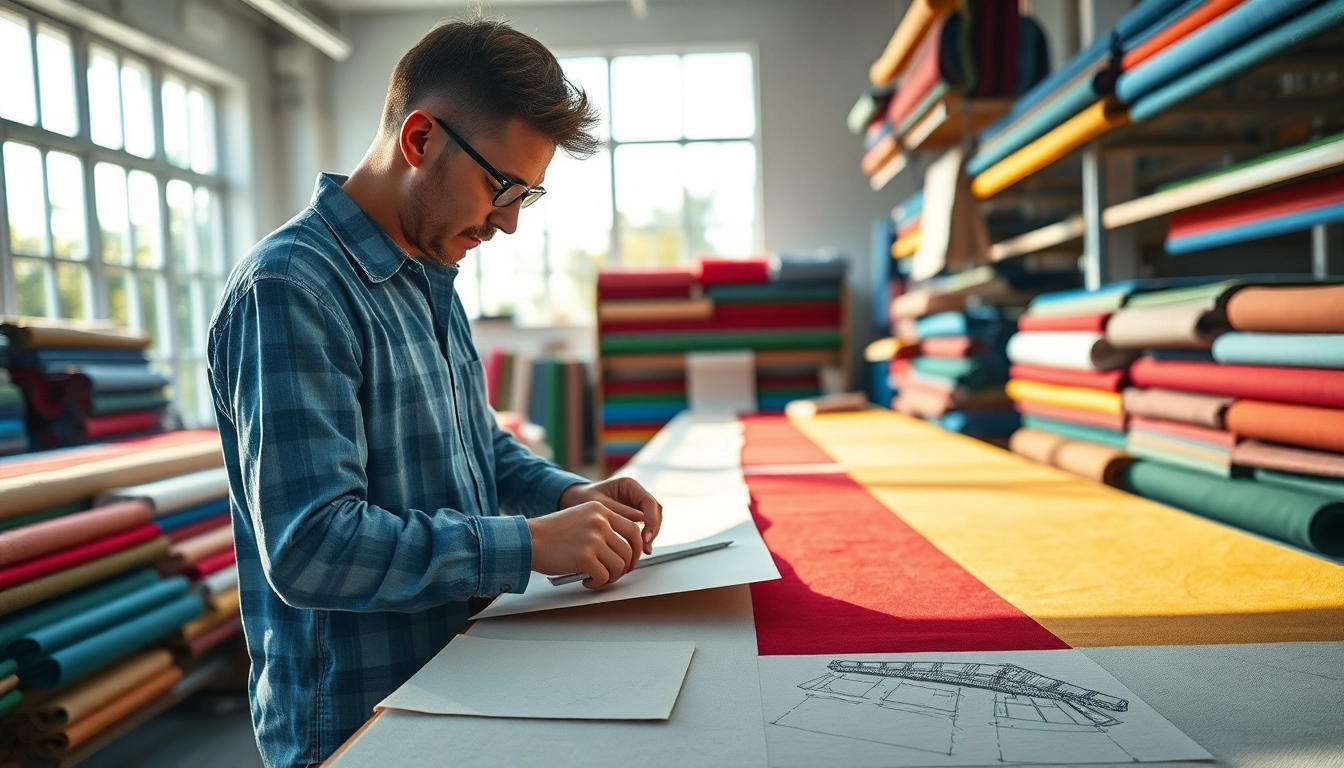 Een kunstenaar snijdt canvas stof in een heldere werkplaats, met levendige kleuren en gedetailleerde texturen.