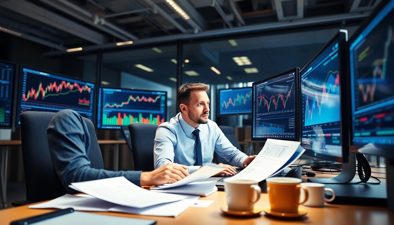 Engaged Forex trader analyzing market data in a bright office setting.