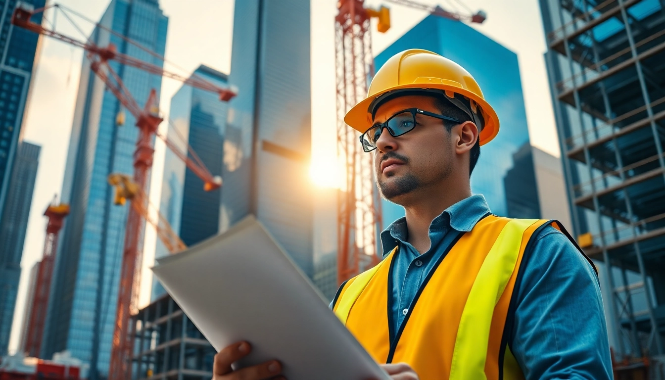 New York City Construction Manager inspecting plans at a busy construction site.