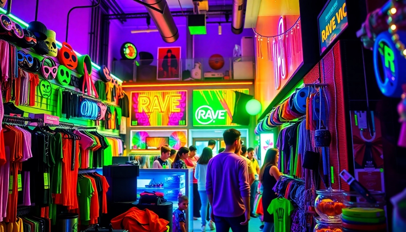 Shop at a colorful rave store Miami, showcasing vibrant accessories and energetic atmosphere.