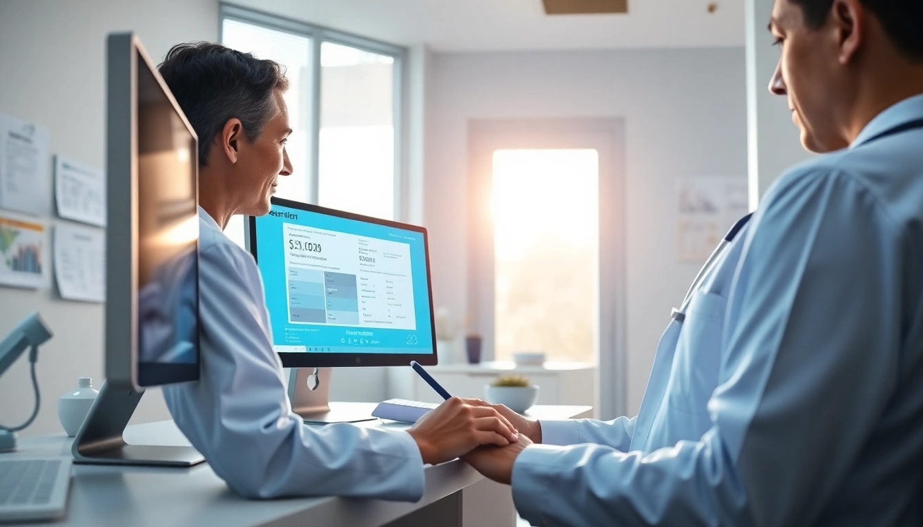 Utilizing eprescribing software in a professional healthcare setting with glowing screens and records.