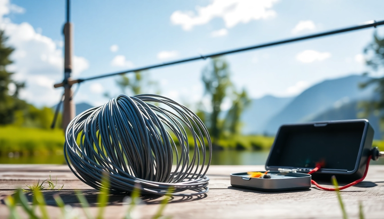 Engaging close-up of fly fishing line coiled next to tackle box and rod in a serene river setting.