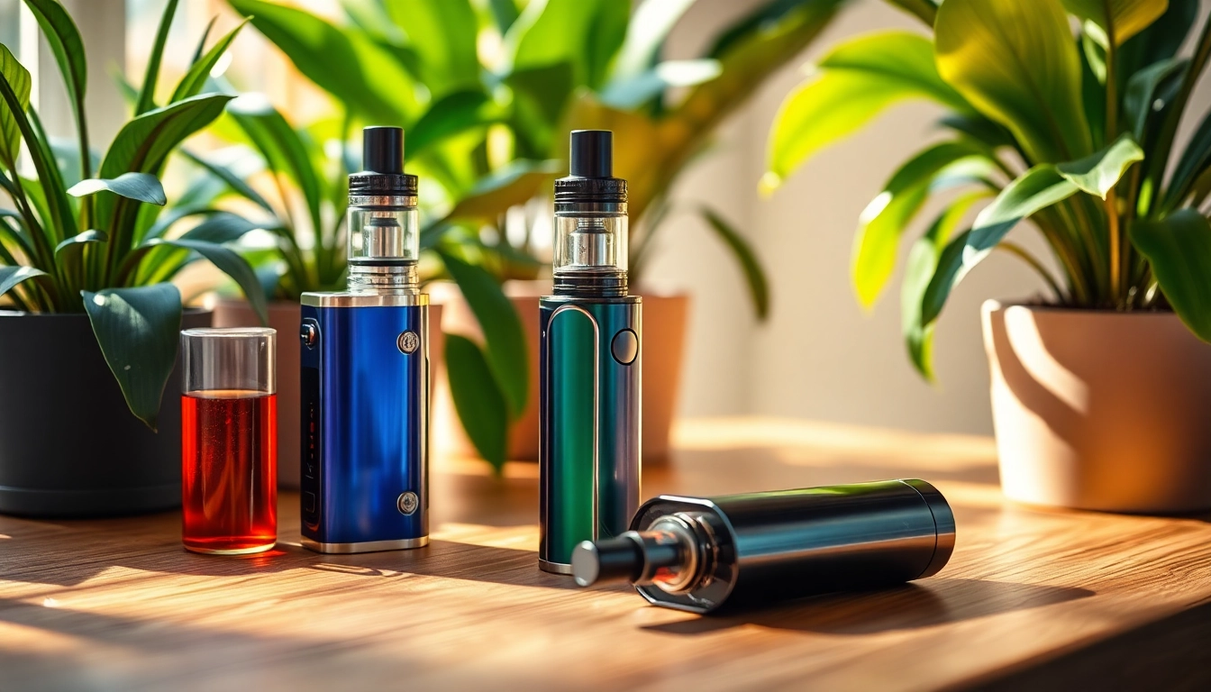VAPEデバイスとカラフルなリキッドが明るい環境で美しく配置されている画像。