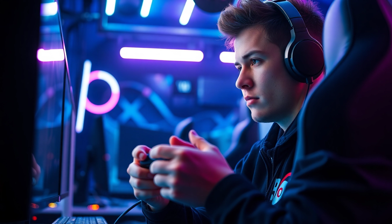 Aksi menarik gamer melambangkan mild88 saat bermain di arena esports dengan peralatan canggih.