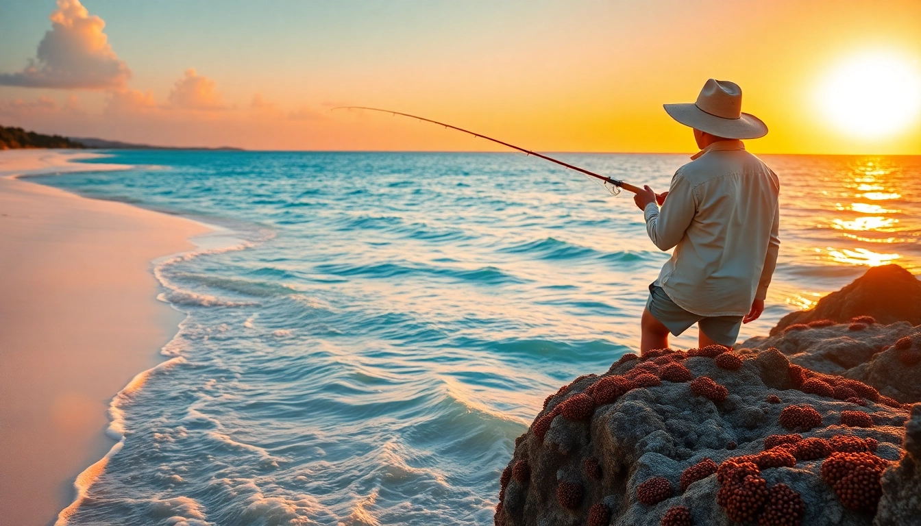 Angler enjoying saltwater fly fishing on a beautiful tropical beach.