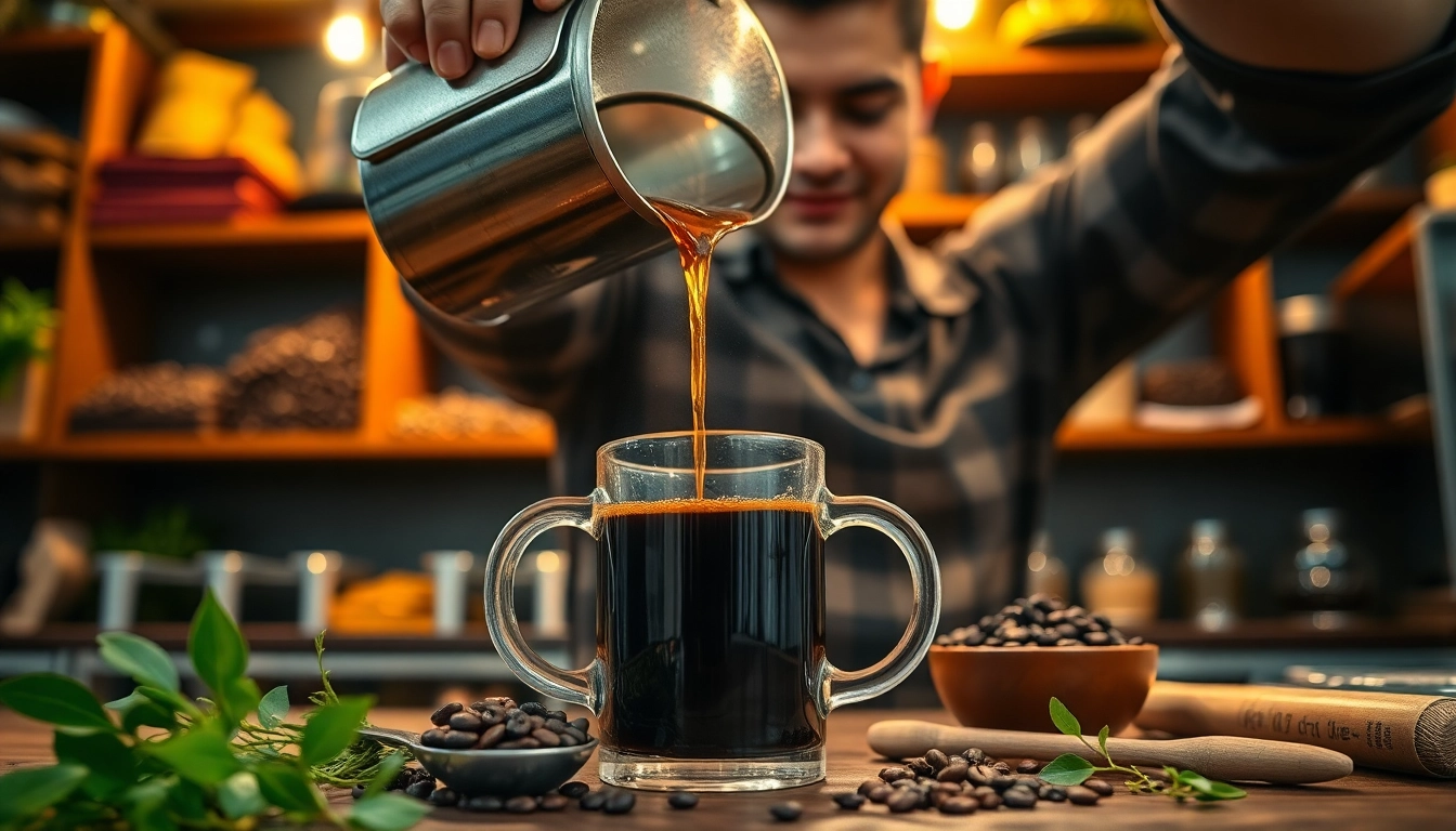 Pouring a steaming fat burning coffee supplement illustrating health benefits and rich flavor.