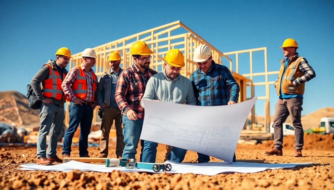 Construction association Wyoming teams collaborating on-site with blueprints and tools.