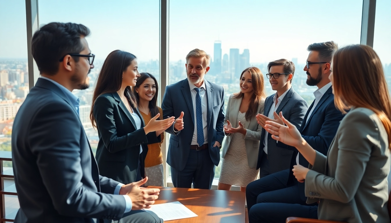 Engaging discussion in real estate international market with diverse buyers and a professional agent.