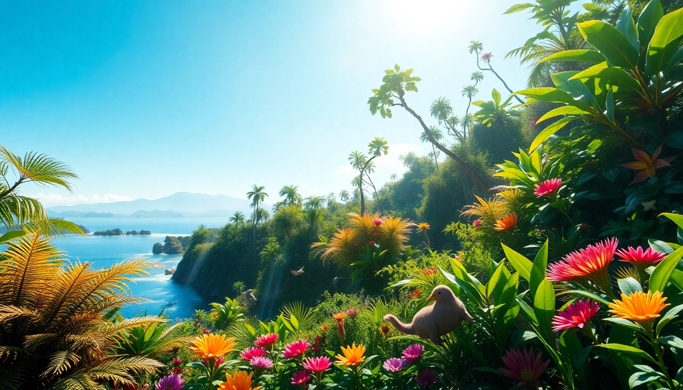 Menampilkan island 토토피아 yang indah dengan flora dan fauna yang berwarna-warni dan fantastis.